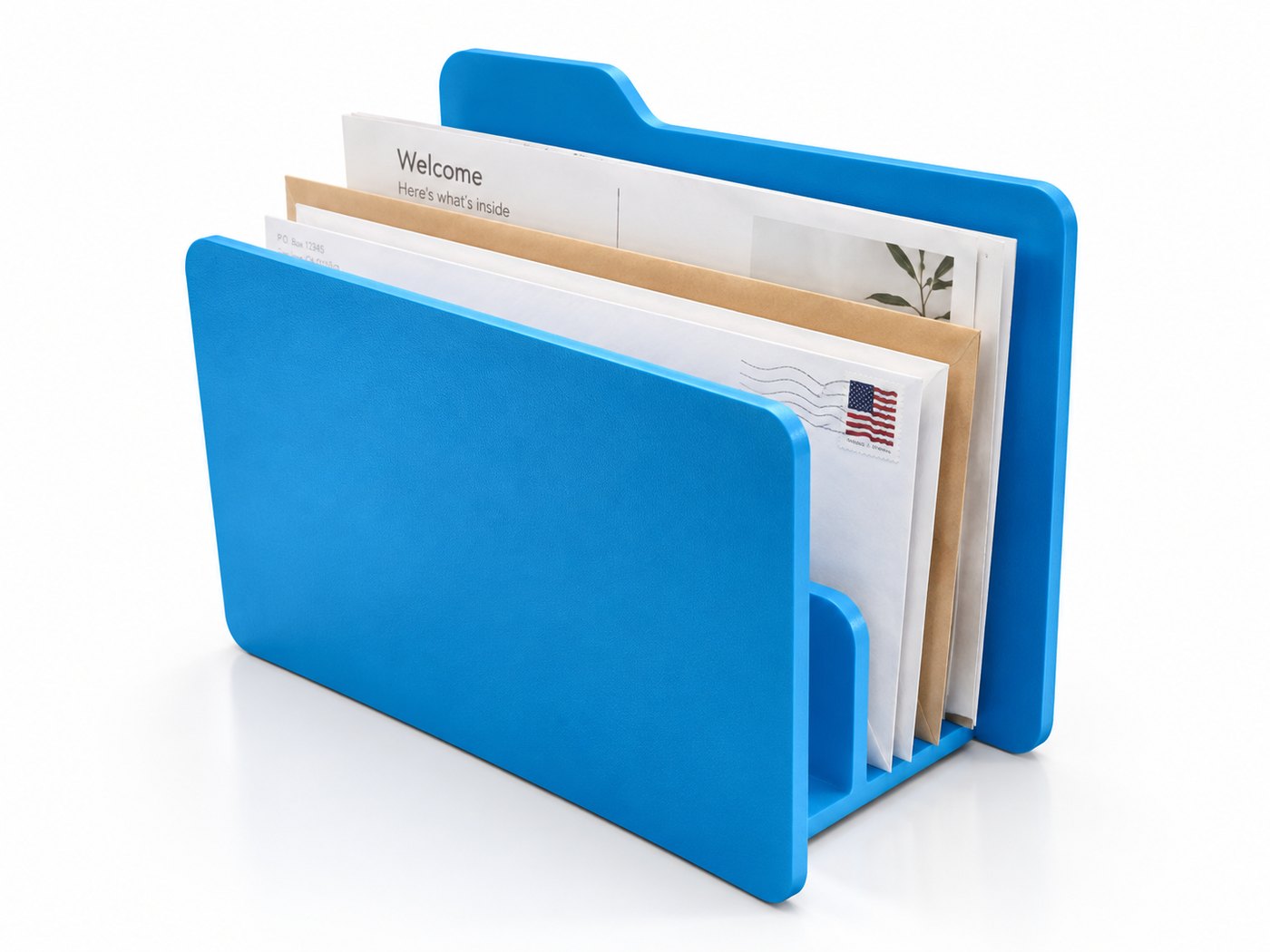 The mail organizer in blue, seen at an angle with letters and envelopes standing in it.
