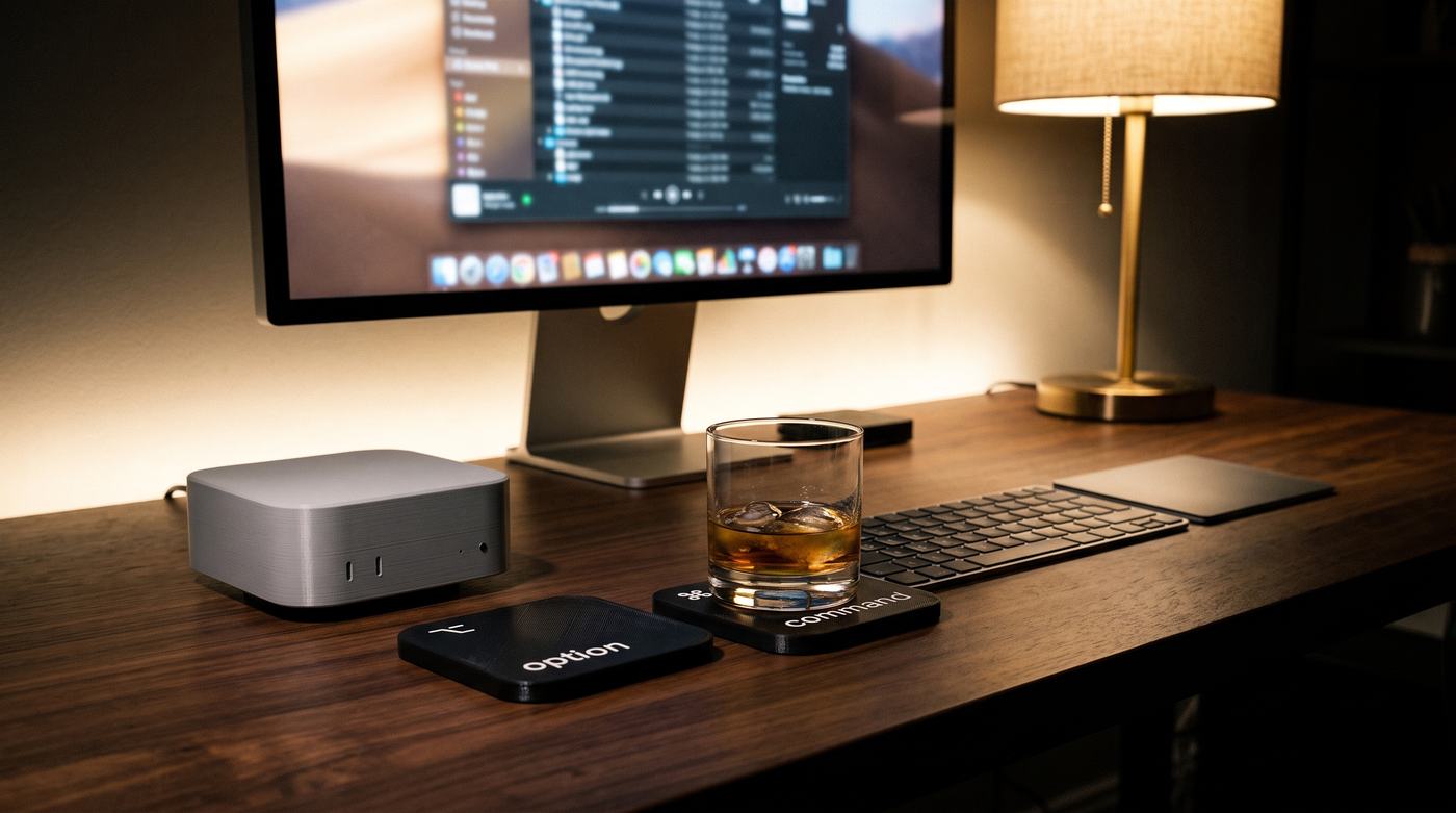 At night: the holder and two coasters on a walnut desk under a monitor and a brass lamp, a glass of whisky on command.