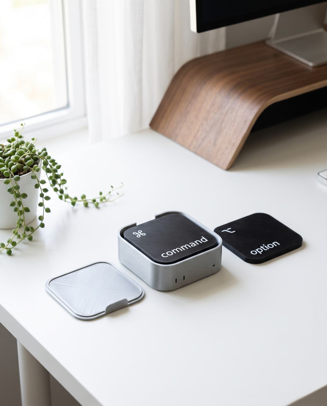 The Mac mini holder on an oak desk by a window, the option coaster in front of it and a cup of coffee on the command coaster, a keyboard in the corner.