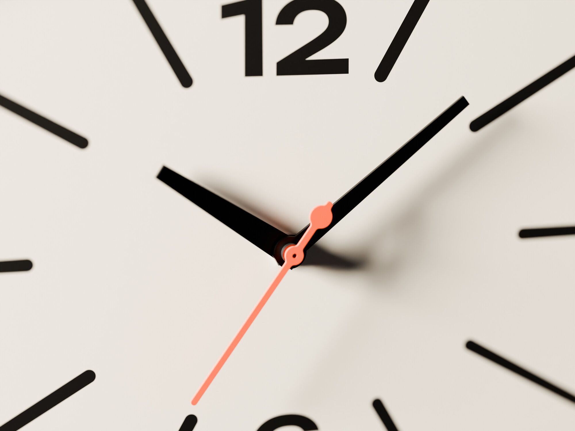 Close up of the hands and the 12, the orange second hand crossing the dial.